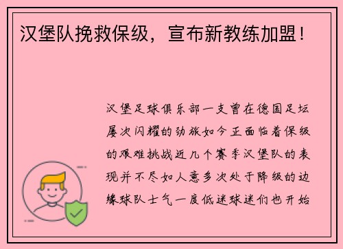汉堡队挽救保级，宣布新教练加盟！